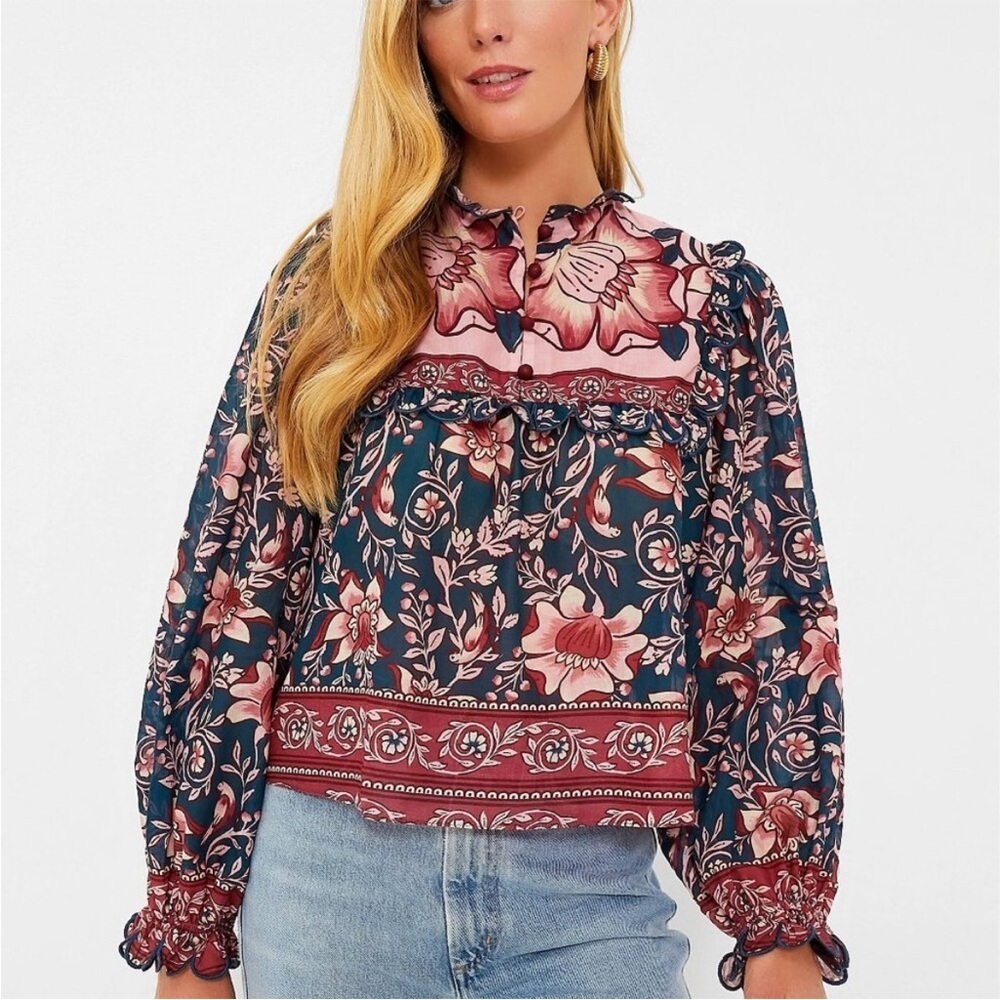 Farm Rio Teal Ainika Charm Long Sleeve Blouse New Size Small
